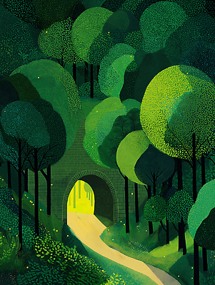 JPG 나무 식물 길 여행 일러스트 자연 생명 풍경 초록색 여름 빛 평화 고요 일몰 캠핑 하이킹 탐험 터널 숲 신비 국내일러스트 AI일러스트 AI콘텐츠 계절 컬러 컨셉 레저 노을 생태계 파일형식