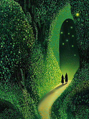 JPG 나무 식물 길 컬러 일러스트 자연 사람 풍경 빛 평화 산책 탐험 저녁 숲속 숲 신비 힐링 조화 반딧불이 국내일러스트 AI일러스트 AI콘텐츠 곤충 컨셉 휴식 야간 생태계 파일형식