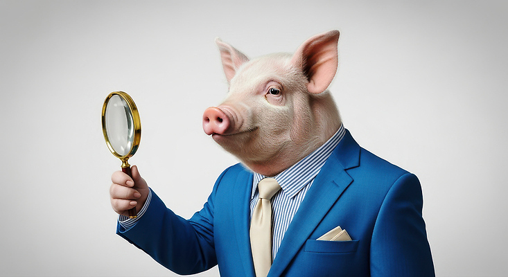 JPG 동물 편집이미지 남자 비즈니스 돋보기 아이디어 표정 사람 정장 돼지 유머 스타일 세련 편집실사 AI인물포토 AI콘텐츠 옷 감정 컨셉 포유류 CG 파일형식 AI포토