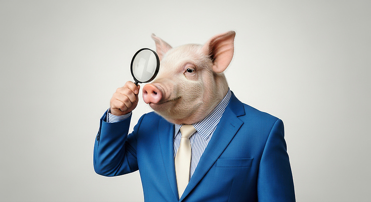 JPG 동물 편집이미지 남자 상징 비즈니스 사람 정장 관찰 돼지 유머 확대경 초상화 스타일 편집실사 AI인물포토 AI콘텐츠 옷 감정 포유류 모션 CG 그림 파일형식 AI포토