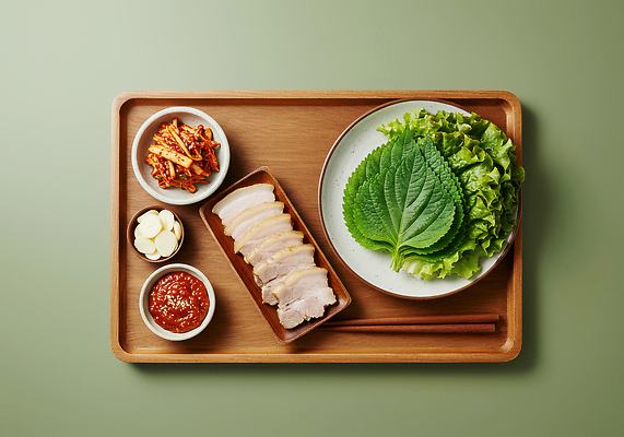 JPG 편집이미지 전통 한식 채소 반찬 김치 한국 육류 요리 식사 신선 상차림 밥상 쌈 보쌈 다과 건강식 편집실사 AI포토 AI콘텐츠 아시아 음식 식재료 탁자 디저트 CG 파일형식