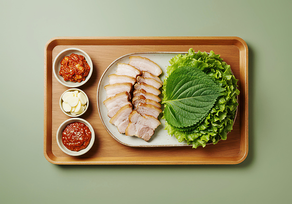 JPG 편집이미지 한식 음식 반찬 한국 마늘 요리 식사 맛 저녁 상추 깻잎 보쌈 쌈장 건강식 수육 플레이팅 편집실사 AI포토 AI콘텐츠 아시아 컨셉 채소 양념 야간 상차림 CG 파일형식