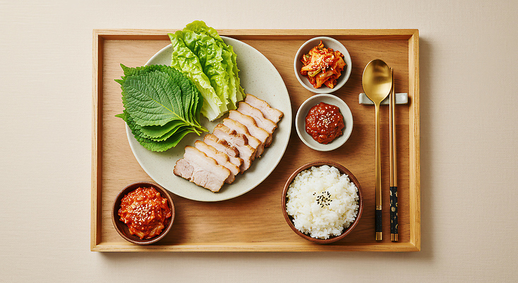 JPG 편집이미지 한식 음식 식탁 반찬 김치 한국 돼지고기 식사 고추장 상추 깻잎 보쌈 쌀밥 건강식 편집실사 AI포토 AI콘텐츠 아시아 채소 탁자 밥 육류 양념 CG 파일형식