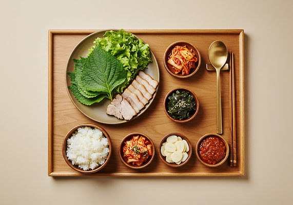 JPG 편집이미지 전통 한식 채소 밥 반찬 한국 쟁반 건강 요리 식사 닭고기 신선 저녁 쌈 보쌈 맛있는 편집실사 AI포토 AI콘텐츠 아시아 음식 육류 야간 CG 파일형식