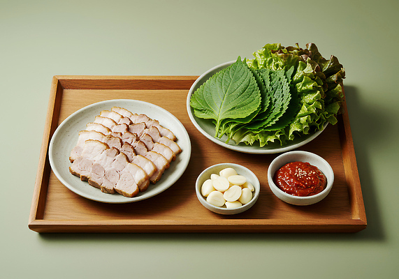 JPG 편집이미지 한식 음식 재료 건강 마늘 육류 요리 신선 양념 저녁 상추 상차림 깻잎 보쌈 족발 맛있는 편집실사 AI포토 AI콘텐츠 채소 식재료 돼지고기 야간 CG 파일형식