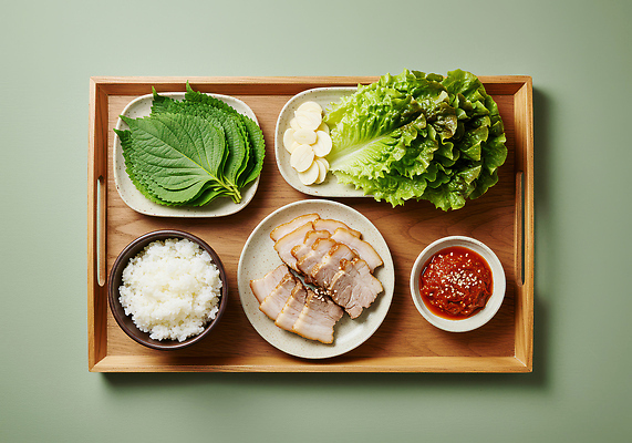 JPG 편집이미지 한식 채소 재료 마늘 요리 소스 저녁 쌈 보쌈 쌈장 쌀밥 나무쟁반 수육 맛있는 편집실사 AI포토 AI콘텐츠 음식 밥 쟁반 목재 양념 야간 CG 파일형식