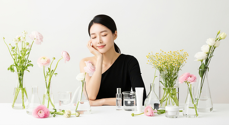 JPG 식물 편집이미지 디자인 여자 꽃 생각 자연 탁자 장식 화장품 투명 편안함 식물원 화사함 조화 뷰티풀 의료성형뷰티 편집실사 AI인물포토 AI콘텐츠 가구 컨셉 사람 뷰티 감각 CG 생태계 파일형식 AI포토