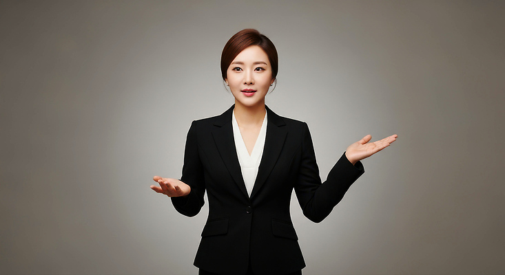JPG 편집이미지 옷 여자 포즈 백그라운드 비즈니스 대화 정장 표현 자신감 발표 프레젠테이션 소통 마케팅 의료성형뷰티 편집실사 AI인물포토 AI콘텐츠 감정 컨셉 말하기 사람 CG 파일형식 AI포토
