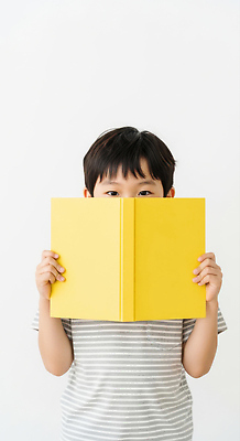 JPG 편집이미지 손 교육 얼굴 어린이 소년 책 학습 독서 노란색 집중 흰배경 창의력 흥미 의료성형뷰티 편집실사 AI인물포토 AI콘텐츠 남자 컬러 백그라운드 컨셉 사람 신체부위 흰색 CG 파일형식 AI포토