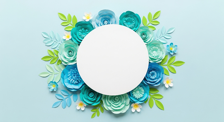 JPG 편집이미지 디자인 꽃 컬러 백그라운드 잎 장식 초록색 파란색 원형 종이공예 화사함 생동감 이국적 편집실사 AI포토 AI콘텐츠 도형 식물 컨셉 공예 CG 파일형식