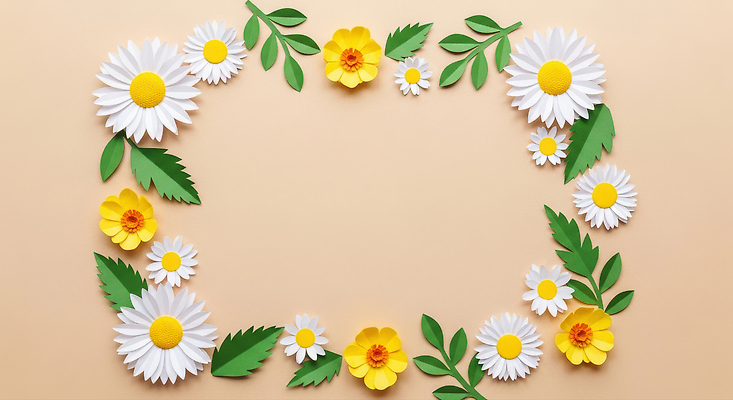 JPG 편집이미지 디자인 예술 컬러 백그라운드 잎 프레임 장식 인테리어 노란색 흰색 크기 조화 수공예 종이꽃 편집실사 AI포토 AI콘텐츠 식물 꽃 공예 CG 파일형식