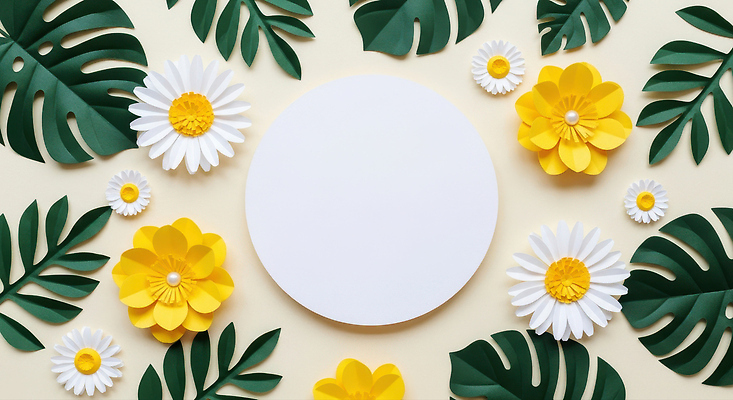 JPG 편집이미지 디자인 꽃 백그라운드 잎 패턴 자연 장식 초록색 노란색 원형 종이공예 그림 서식 생화 편집실사 AI포토 AI콘텐츠 도형 식물 컬러 무늬 공예 CG 생태계 파일형식