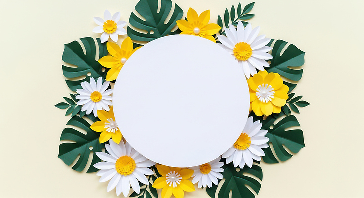 JPG 편집이미지 디자인 꽃 컬러 백그라운드 잎 자연 프레임 장식 초록색 여름 노란색 흰색 페이퍼아트 공예 편집실사 AI포토 AI콘텐츠 식물 계절 취미 CG 생태계 파일형식