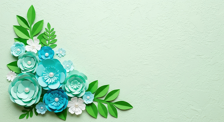 JPG 편집이미지 꽃 백그라운드 잎 선물 장식 초록색 파란색 인테리어 흰색 그림 수공예 민트색 종이꽃 창의력 디지털아트 편집실사 AI포토 AI콘텐츠 식물 디자인 컬러 공예 CG 파일형식
