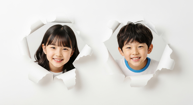 JPG 편집이미지 종이 얼굴 어린이 벽 포즈 장난 웃음 친구 표현 아기 즐거움 장면 순간 의료성형뷰티 편집실사 AI인물포토 AI콘텐츠 감정 관계 표정 사람 신체부위 CG 파일형식 AI포토