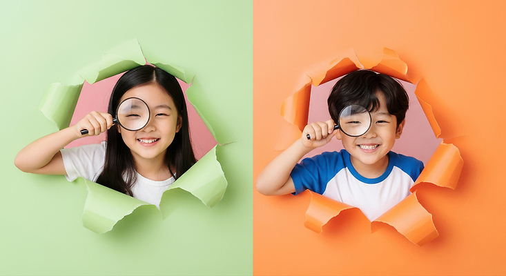 JPG 편집이미지 어린이 컬러 백그라운드 장난 모션 놀이 실내 웃음 친구 탐험 아기 즐거움 호기심 확대경 창의력 의료성형뷰티 편집실사 AI인물포토 AI콘텐츠 감정 컨셉 관계 표정 사람 내부 CG 파일형식 AI포토