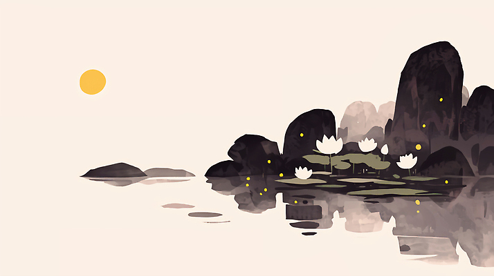 JPG 식물 꽃 호수 여유 컬러 일러스트 자연 연꽃 풍경 물 태양 반사 평화 일출 고요 공간 수면 조용 뷰티풀 국내일러스트 AI일러스트 AI콘텐츠 자연요소 감정 컨셉 노을 생태계 파일형식