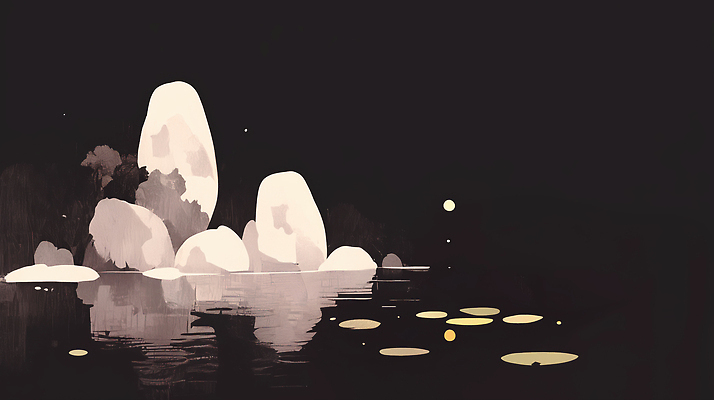 JPG 예술 일러스트 자연 하늘 산 연꽃 풍경 물 반사 평화 고요 공간 암석 바위 시세 수면 달빛 그림 조용 뷰티풀 국내일러스트 AI일러스트 AI콘텐츠 자연요소 꽃 컨셉 금융 달 돌_바위 생태계 파일형식