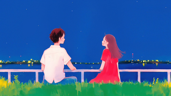 JPG 커플 별 일러스트 자연 밤하늘 휴식 이야기 사랑 앉기 풍경 여름 빛 청춘 평화 낭만 저녁 강가 소통 나란히 국내일러스트 AI일러스트 AI콘텐츠 자연요소 계절 감정 컨셉 관계 모션 하늘 강 야간 생태계 파일형식