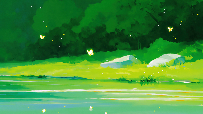 JPG 나무 호수 물결 나비 일러스트 자연 생명 풍경 잔디 초록색 연두색 여름 평화 일몰 들꽃 바위 숲 생태계 조용 반딧불이 생동감 국내일러스트 AI일러스트 AI콘텐츠 식물 계절 꽃 컬러 곤충 컨셉 노을 돌_바위 파일형식