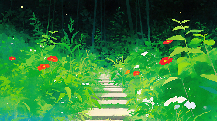 JPG 나무 식물 꽃 길 나비 일러스트 자연 풍경 초원 초록색 여름 햇빛 평화 계단 산책로 들꽃 숲 화사함 애벌레 조화 국내일러스트 AI일러스트 AI콘텐츠 계절 컬러 곤충 컨셉 태양 벌레 생태계 파일형식