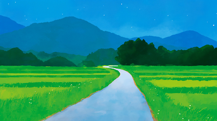 JPG 나무 길 야경 일러스트 자연 하늘 산 풍경 초원 여름 파란색 평화 고요 시골 저녁 뷰티풀 풍경화 국내일러스트 AI일러스트 AI콘텐츠 식물 계절 컬러 컨셉 야간 그림 생태계 파일형식 풍경_경치