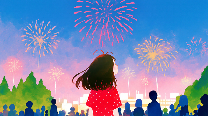JPG 감정 문화 컬러 일러스트 자연 하늘 불꽃놀이 풍경 소녀 여러명 야외 뒷모습 축제 모임 도시 체험 분위기 즐거움 감탄 뷰티풀 여름밤 국내일러스트 AI일러스트 AI콘텐츠 여자 어린이 뷰포인트 다수 컨셉 놀이 사람 여름 야간 생태계 파일형식
