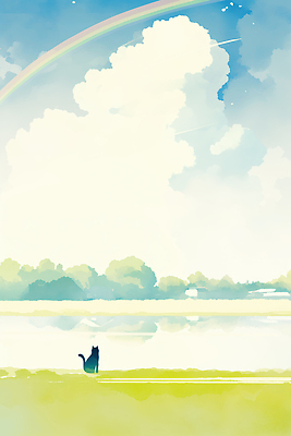 JPG 나무 무지개 일러스트 자연 하늘 생명 수채화 풍경 물 반려동물 평화 일출 고양이 고요 일몰 감상 강가 그림 조용 색감 차분 국내일러스트 펫로스증후군 반려동물장례 AI일러스트 AI콘텐츠 자연요소 식물 동물 컨셉 포유류 강 노을 질병 생태계 장례 파일형식