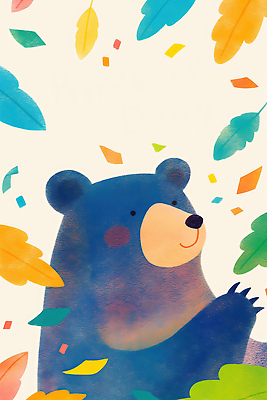 JPG 동물 캐릭터 행복 감정 컬러 일러스트 곰 자연 나뭇잎 표정 웃음 풍경 초록색 파란색 노란색 귀여움 만화 즐거움 그림 뷰티풀 일러캐릭터 AI일러스트 AI콘텐츠 컨셉 잎 포유류 생태계 파일형식