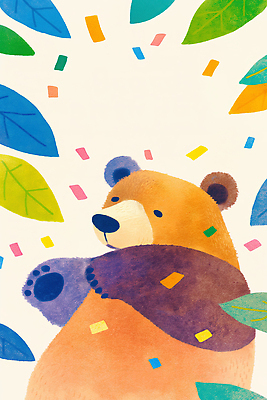 JPG 동물 컬러 일러스트 곰 자연 나뭇잎 미술 풍경 귀여움 표현 화려 파편 즐거움 그림 색종이 상상력 생동감 동심 국내일러스트 AI일러스트 AI콘텐츠 감정 종이 컨셉 잎 포유류 문화예술 생태계 파일형식