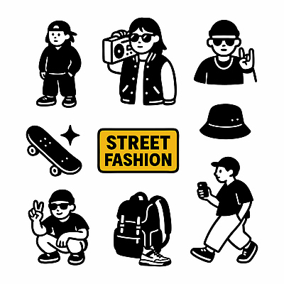 캐릭터 디자인 패션 문화 일러스트 모션 청소년 놀이 힙합 그래픽 스마트폰 카메라 다양 도시 스케이트보드 오브젝트 창의성 스타일 스트리트패션 일러캐릭터 AI파일 음악 다수 사람 전자제품 핸드폰 스마트기기 보드_스포츠 파일형식 벡터