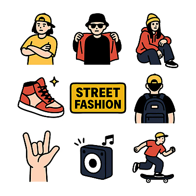 모자 디자인 옷 운동화 일러스트 손짓 그래픽 캐주얼 유행 자유 도시 스케이트보드 모던 개성 백팩 소통 스타일 스트리트패션 국내일러스트 AI파일 잡화 패션 신발 컨셉 가방 모션 보드_스포츠 파일형식 벡터