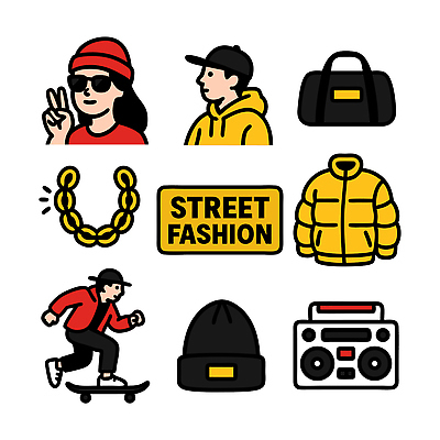 모자 디자인 옷 스포츠 가방 일러스트 장신구 그래픽 캐주얼 친구 컬러풀 유행 재킷 스케이트보드 쇠사슬 스타일 스트리트패션 국내일러스트 AI파일 잡화 패션 컬러 관계 외투 보드_스포츠 파일형식 벡터