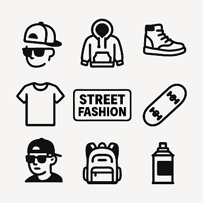 모자 디자인 옷 운동화 일러스트 청소년 소년 그래픽 캐주얼 선글라스 유행 도시 스케이트보드 스니커즈 백팩 후드티셔츠 스타일 스트리트패션 국내일러스트 AI파일 잡화 패션 남자 안경 어린이 신발 티셔츠 가방 사람 보드_스포츠 파일형식 벡터