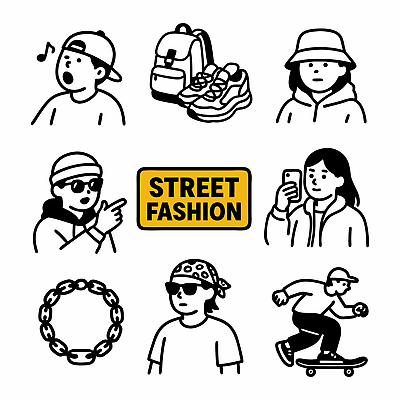 모자 디자인 문화 음악 운동화 일러스트 장신구 일상 그래픽 선글라스 유행 도시 스케이트보드 복고 개성 백팩 드로잉 소통 스타일 스트리트패션 국내일러스트 AI파일 잡화 패션 안경 신발 컨셉 가방 문화예술 미술 라이프 보드_스포츠 파일형식 벡터