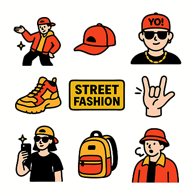 캐릭터 모자 디자인 옷 문화 컬러 포즈 신발 가방 일러스트 장신구 청소년 청춘 유행 오브젝트 창의성 스타일 스트리트패션 일러캐릭터 AI파일 잡화 패션 컨셉 사람 파일형식 벡터