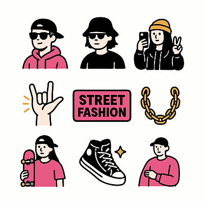 모자 헤어스타일 옷 일러스트 손가락 모션 청년 그래픽 캐주얼 친구 청춘 선글라스 유행 자유 도시 스케이트보드 쇠사슬 사교 스타일 스트리트패션 국내일러스트 AI파일 손 잡화 패션 안경 컨셉 관계 성인 보드_스포츠 파일형식 벡터