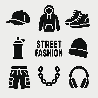 디자인 옷 패션 일러스트 장신구 반바지 유행 헤드폰 도시 그래피티 쇠사슬 스니커즈 스프레이 비니 캡 후드티셔츠 아이템 스타일 스트리트패션 국내일러스트 AI파일 모자_잡화 음향기기 운동화 티셔츠 바지 낙서 그림 파일형식 벡터
