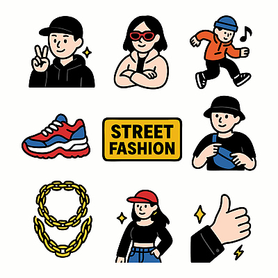 캐릭터 모자 디자인 옷 문화 신발 일러스트 장신구 손짓 선글라스 유행 쇠사슬 즐거움 개성 스타일 스트리트패션 일러캐릭터 AI파일 잡화 패션 감정 안경 모션 파일형식 벡터