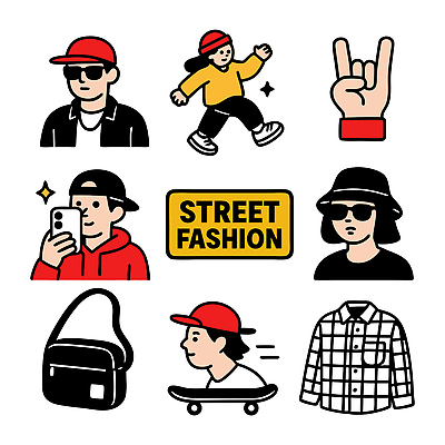 옷 여자 남자 포즈 셔츠 가방 일러스트 모션 거리 일상 캐주얼 핸드폰 선글라스 스케이트보드 개성 혼자 스타일 스트리트패션 국내일러스트 AI파일 잡화 패션 안경 상의 사람 라이프 전자제품 보드_스포츠 파일형식 벡터