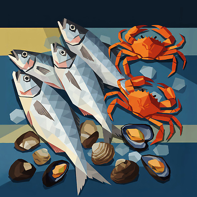 JPG 디자인 음식 바다 컬러 일러스트 재료 자연 식탁 조개 어류 요리 해변 여름 식사 수중동물 게 신선 해산물 장면 국내일러스트 AI일러스트 AI콘텐츠 동물 계절 탁자 어패류 갑각류 생태계 파일형식