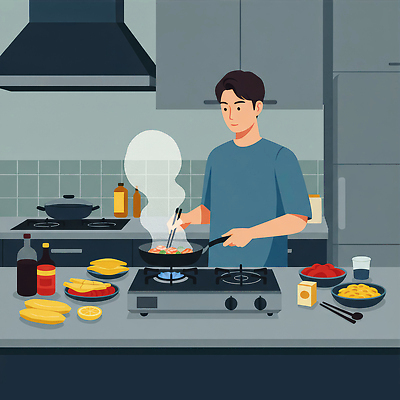 JPG 남자 음식 채소 일러스트 재료 주방용품 요리 주방 요리사 식사 신선 프라이팬 분위기 저녁 편안함 준비 스튜 건강식 환기구 국내일러스트 AI일러스트 AI콘텐츠 직업 생활용품 컨셉 사람 감각 야간 환풍기 파일형식