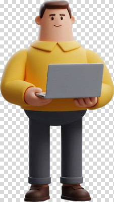 컬러 컨셉 상의 모션 사람 전자제품 디지털합성 파일형식 캐릭터 노트북 컴퓨터 모던 노란색 셔츠 집중 서기 남자 그림 3D 디자인 디지털 편집이미지 PNG
