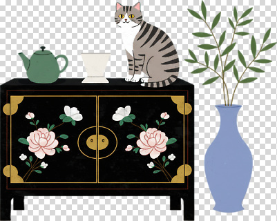 식물 동물 편집이미지 디자인 꽃 가구 자연 인테리어 검은색 고양이 편안함 다기 찻주전자 열대식물 장식장 PNG 정물화 컬러 생활용품 포유류 주전자 반려동물 감각 다도 그림 생태계 파일형식