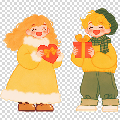 모양 옷 계절 감정 컬러 관계 표정 파일형식 겨울 사랑 선물 하트 따뜻함 행복 웃음 친구 교감 포즈 털옷 노란색 그림 만화 편집이미지 PNG