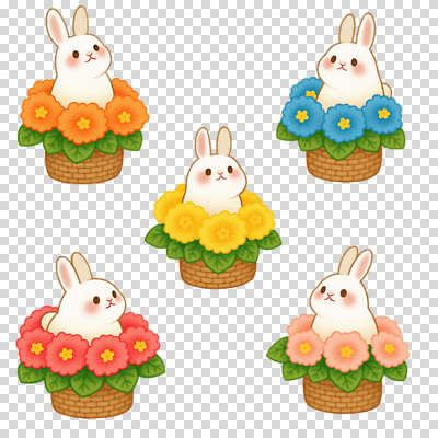 식물 동물 편집이미지 꽃 분홍색 컬러 자연 부활절 장식 빨간색 초록색 파란색 노란색 바구니 귀여움 토끼 애니메이션 PNG 기념일 컨셉 포유류 반려동물 생태계 파일형식