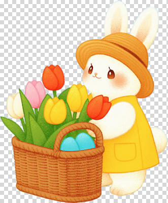 식물 동물 편집이미지 캐릭터 꽃 컬러 자연 부활절 장식 노란색 바구니 귀여움 알 봄 튤립 토끼 애니메이션 PNG 계절 기념일 컨셉 포유류 반려동물 생태계 파일형식