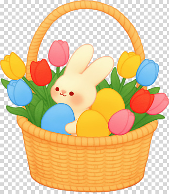 편집이미지 캐릭터 꽃 컬러 자연 부활절 장식 바구니 귀여움 계란 봄 기쁨 튤립 토끼 애니메이션 PNG 환상 식물 계절 기념일 감정 컨셉 포유류 반려동물 알 생태계 파일형식