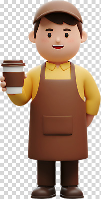 모델 편집이미지 캐릭터 커피 음료 미소 누끼 컵 갈색 노란색 앞치마 카페 작업 직원 즐거움 서비스 PNG 식기 감정 컬러 표정 상점 파일형식
