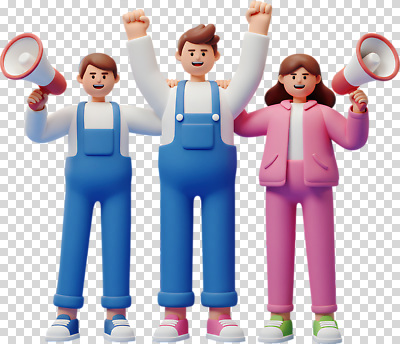 편집이미지 캐릭터 상징 응원 협력 누끼 캐주얼 확성기 활발 기쁨 표현 표어 장면 PNG 긍정적 연대 오버롤 옷 감정 컨셉 파일형식